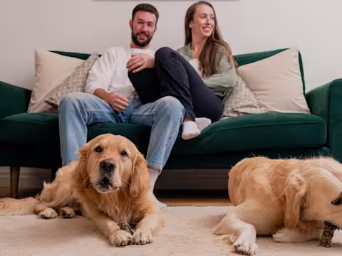 Two dog owners sit on the sofa whilst two Golden Retrievers lie on the floor chewing Pooch & Mutt Long Lasting Fish Hide Chews.